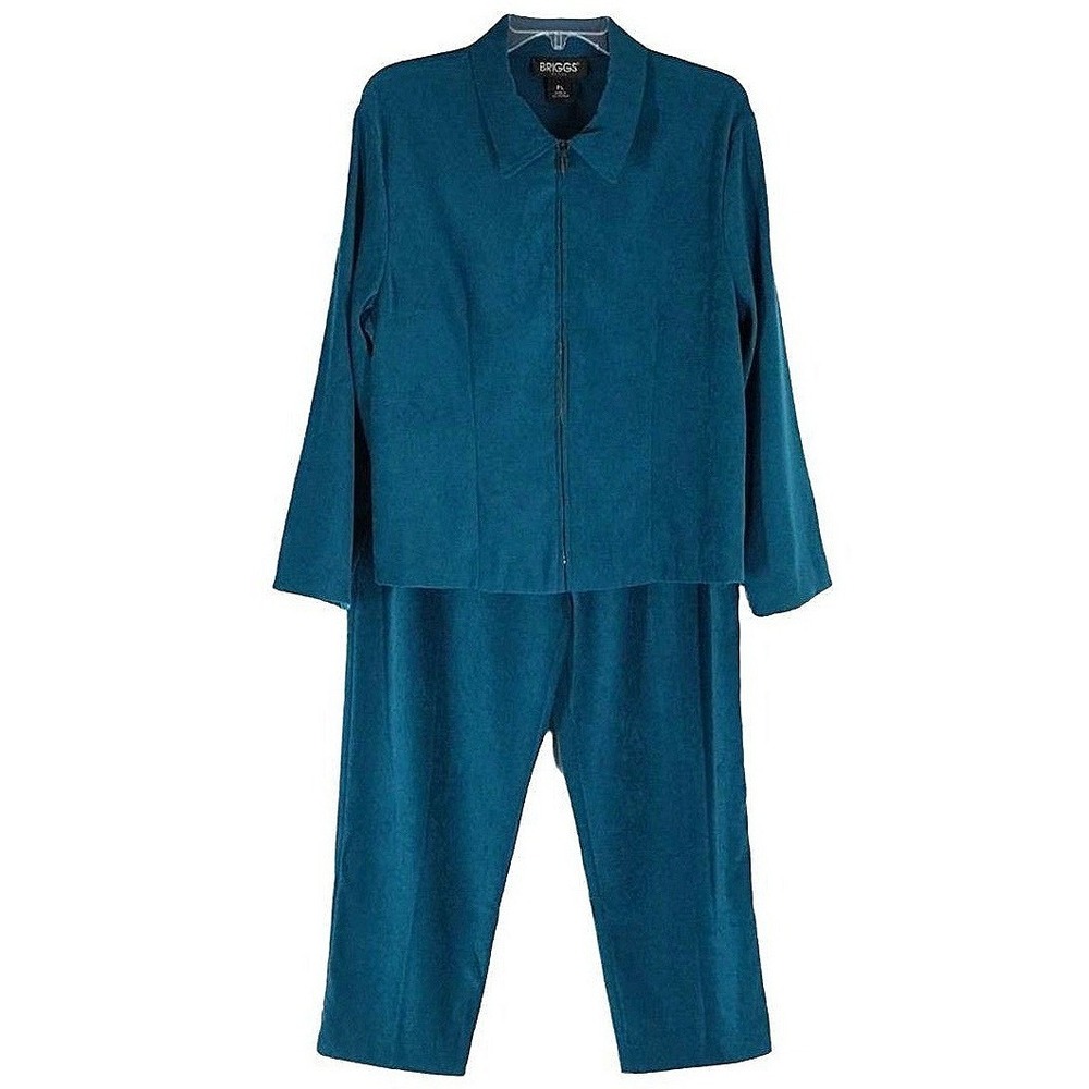 Briggs Pant Suit Womens PL Teal Blue Faux Suede Zip Jacket‎ Straight Leg 2 Piece